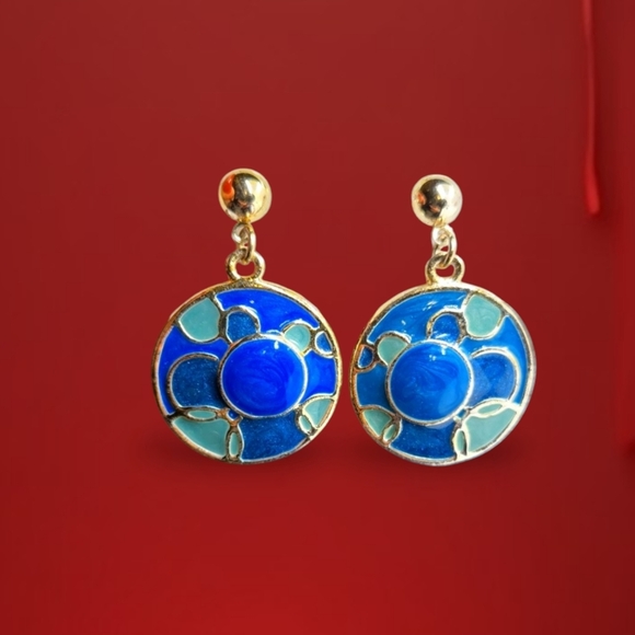 Elegant Blue and Gold Enamel  Earrings vintage style - Picture 1 of 14
